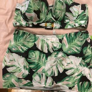 Cacique for Lane Bryant Tropical Leaf Two-Piece Swim Set - Green & Black